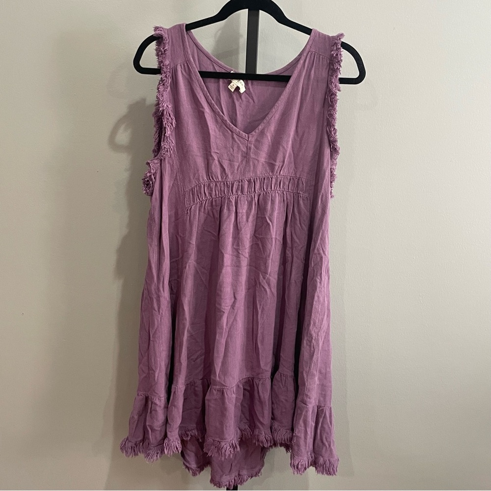 Umgee Purple with Fringe Trim Linen Cotton Dress Size Medium